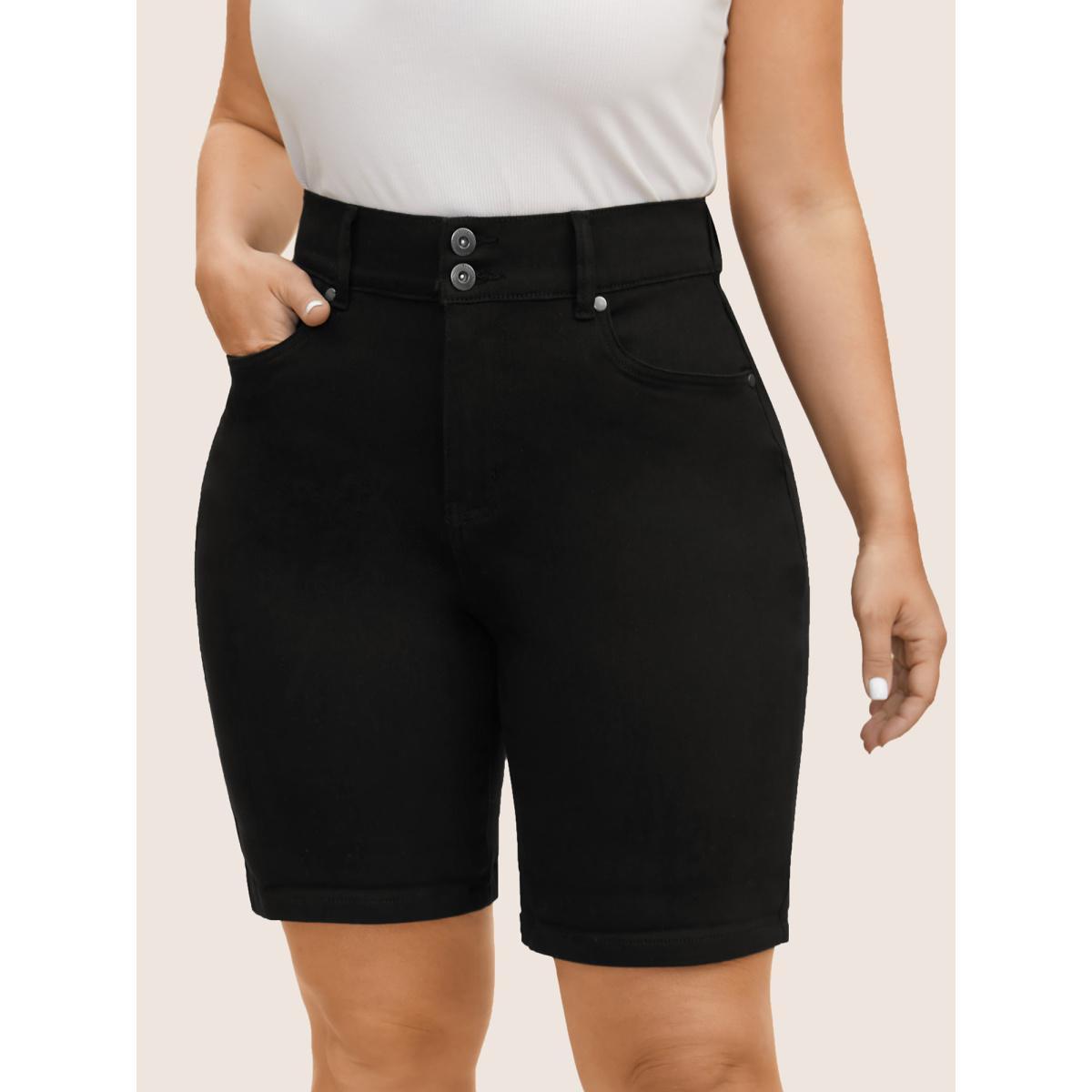 Plus Size Black Wash Roll Hem Slim Denim Shorts Women Black Roll Hem High stretch Everyday Slanted pocket Casual Denim Shorts BloomChic 16/1X Product Image