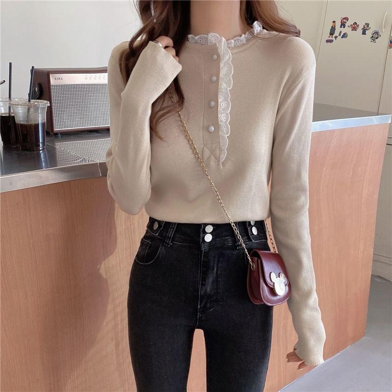 Long-Sleeve Frill Trim Half Buttoned Plain Top Product Image