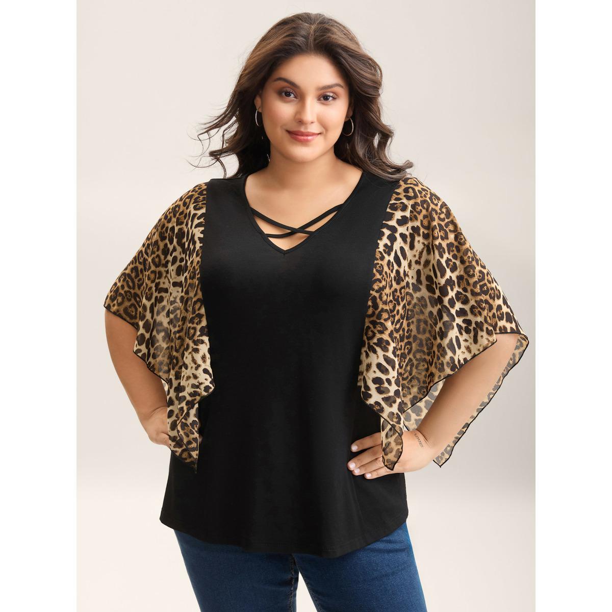 Plus Size Leopard Spliced Tied Flared Sleeve T-Shirt Black Women Casual Contrast V-neck Everyday T-shirts BloomChic 26/4X Product Image