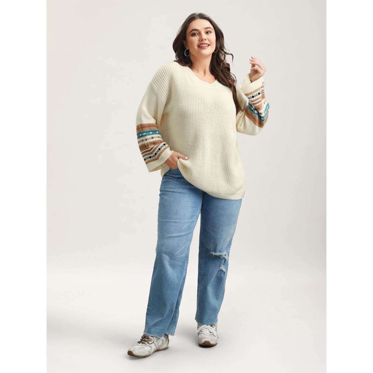 Plus Size Round Neck Color-Block Textured Pullover Ivory Women Casual Loose Long Sleeve Everyday Cardigans BloomChic 26/4X Product Image