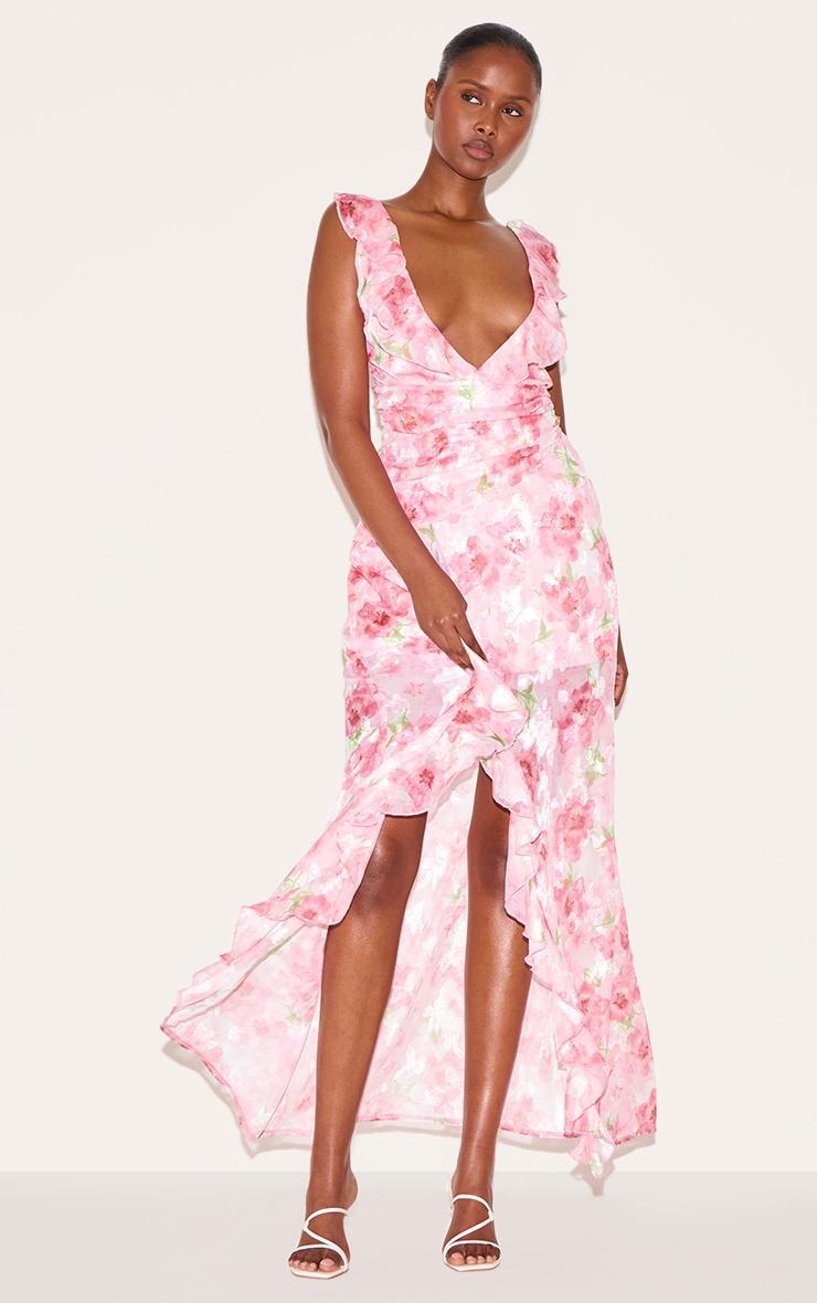 Pink Floral Chiffon Frill Plunge Strappy Maxi Dress Product Image
