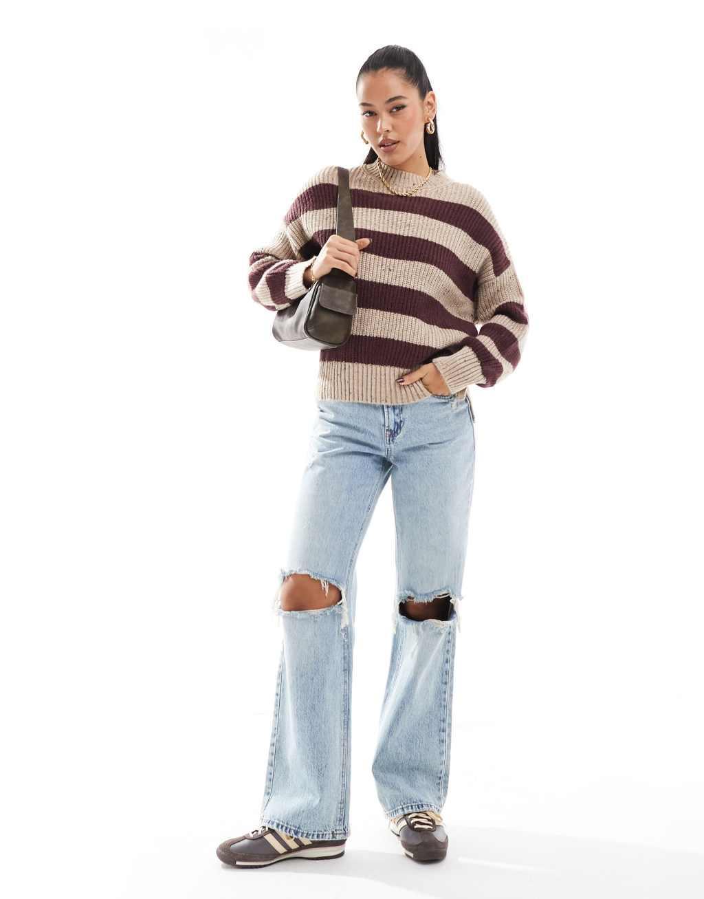 Pull&Bear heather effect knit sweater in burgundy & sand stripe Product Image