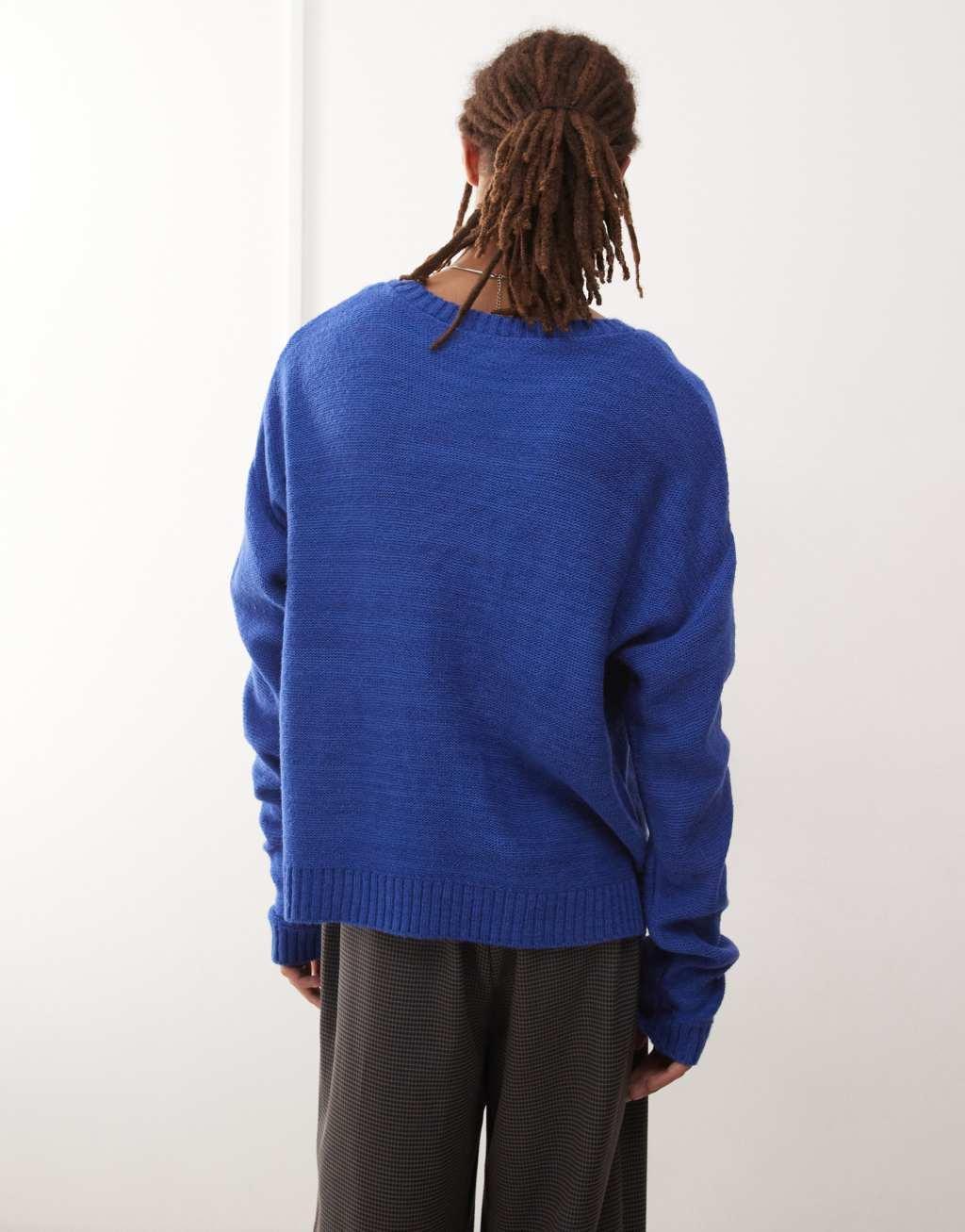 Reclaimed Vintage crew neck knit sweater in cobalt blue Product Image