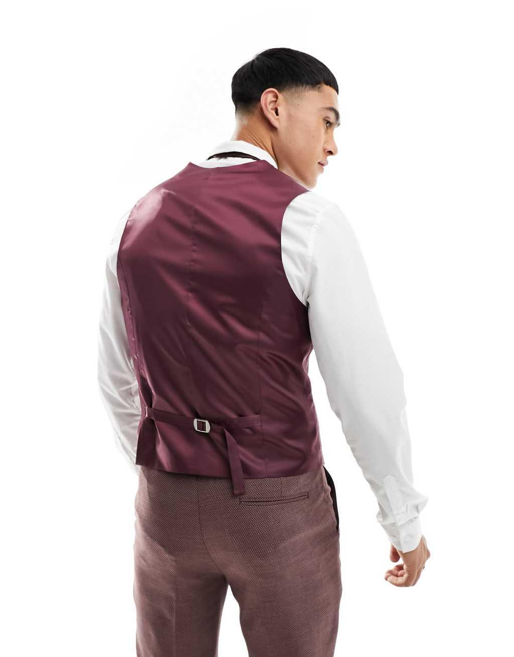ASOS DESIGN wedding skinny suit vest in burgundy microtexture Product Image