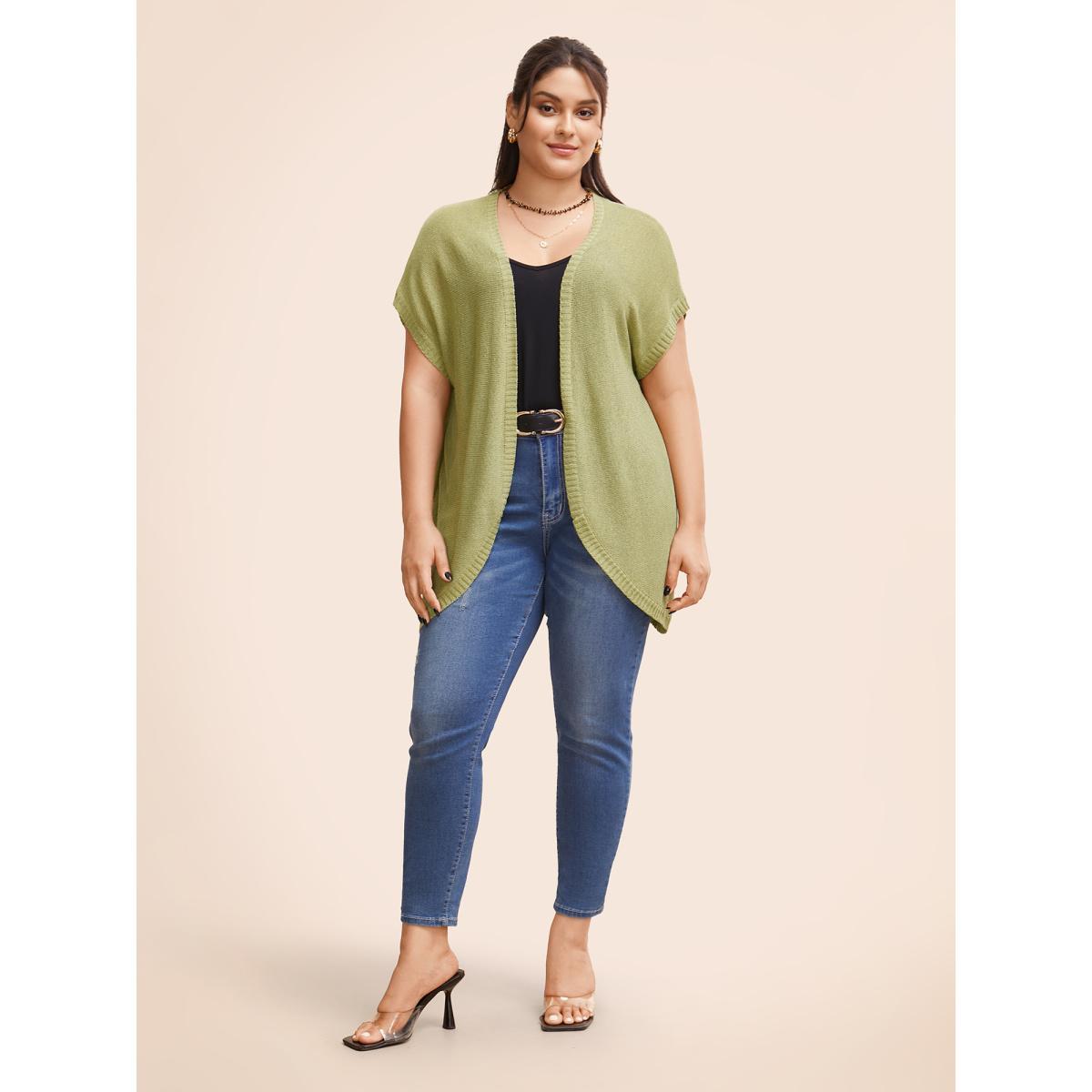 Plus Size Solid Kimono Collar Dolman Sleeve Cardigan Olive Women Casual Loose Short sleeve Everyday Cardigans BloomChic 26/4X Product Image