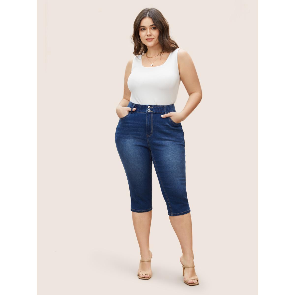 Plus Size Dark Wash Elastic Waist Split Side Jeans Women Blue Casual Slit High stretch Slanted pocket Jeans BloomChic 14/1X Product Image
