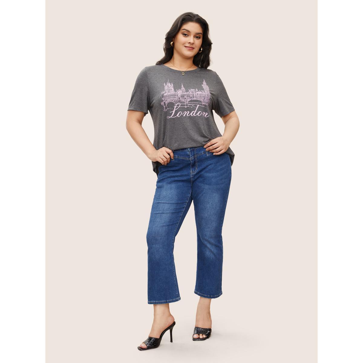 Plus Size City Print Heather Crew Neck T-shirt Gray Women Elegant Contrast Area Everyday T-shirts BloomChic 30/6X Product Image