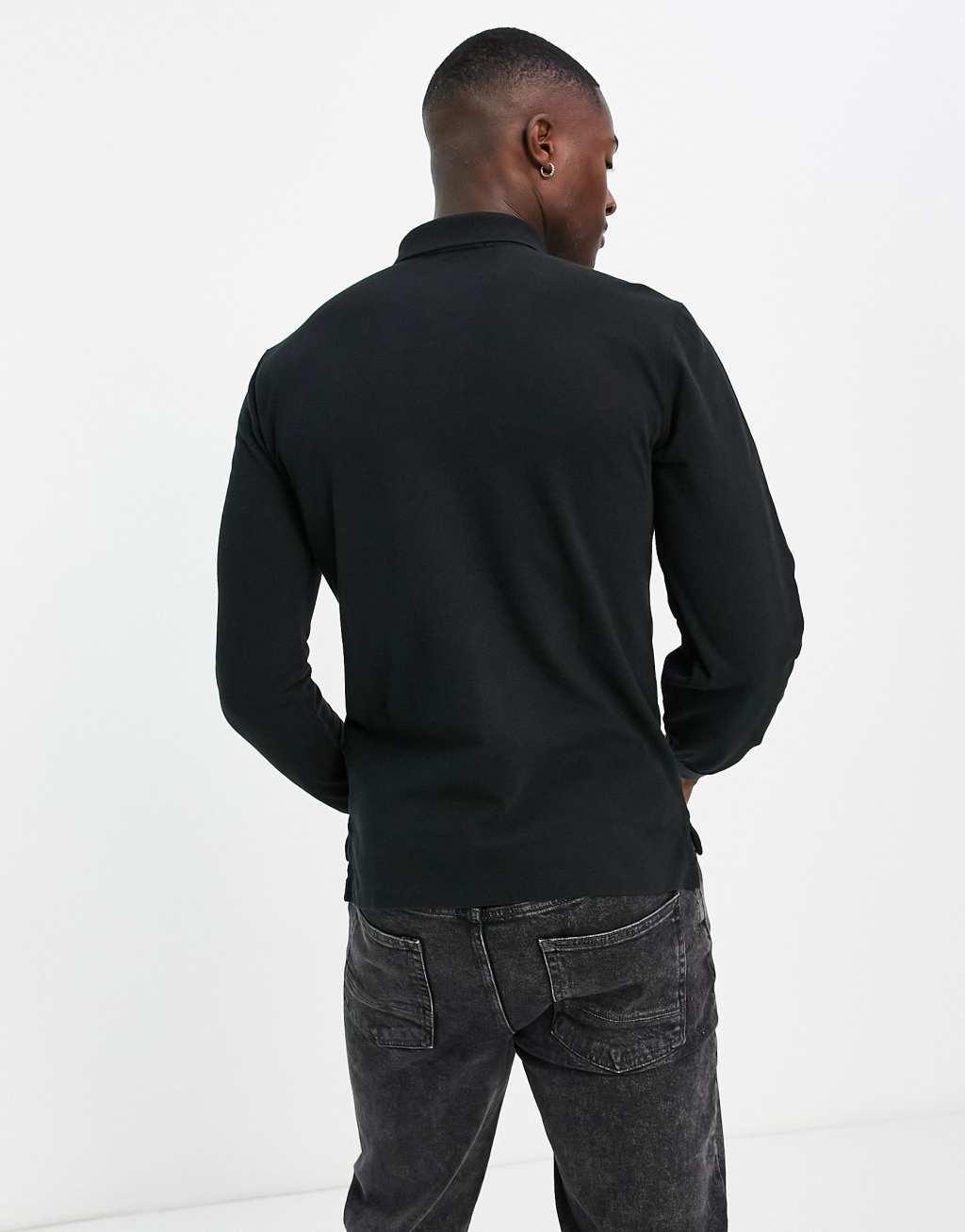 Polo Ralph Lauren icon logo slim fit long sleeve pique polo in black Product Image