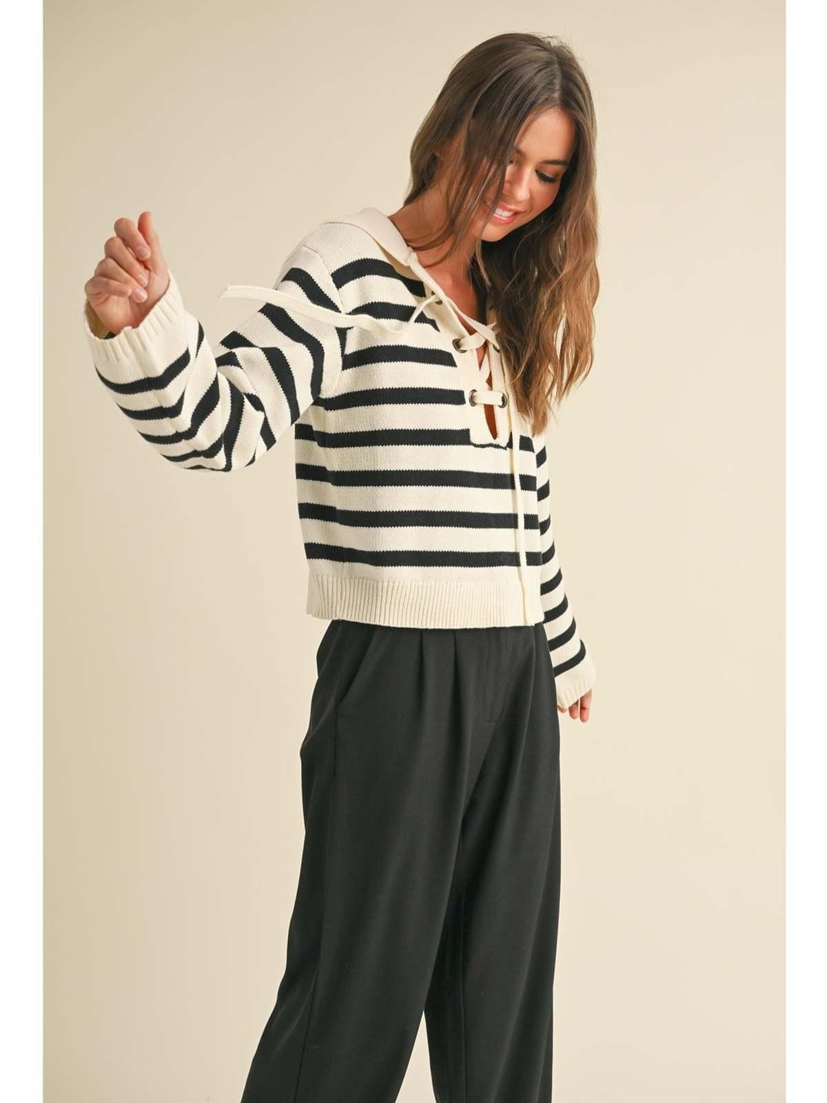 Stripe Lace up Sailor Collar Sweater Product Image