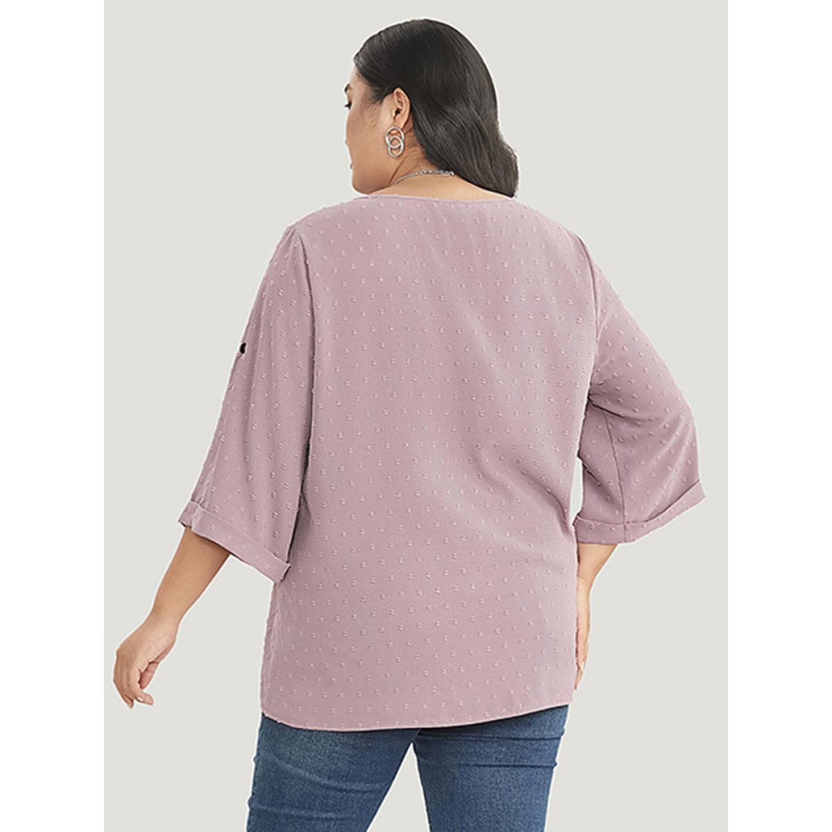 Plus Size Mauve Polka Dot V Neck Button Detail Cuffed Sleeve Blouse Women Office Elbow-length sleeve V-neck Work Blouses BloomChic 22-24/3X Product Image