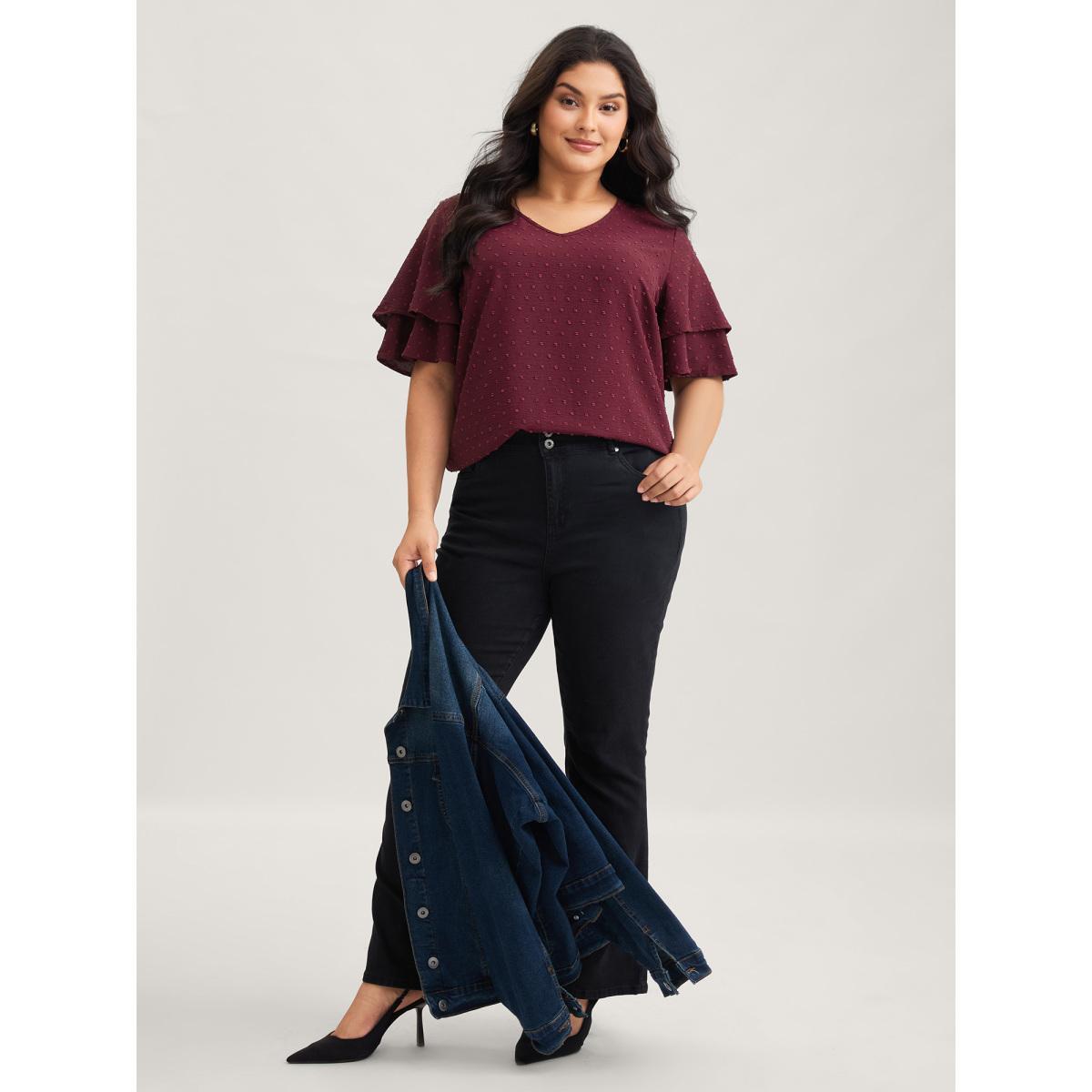 Plus Size Burgundy Plain Ruffle Tiered Sleeve V Neck Polka Dot Blouse Women Elegant Short sleeve V-neck Everyday Blouses BloomChic 10/M Product Image