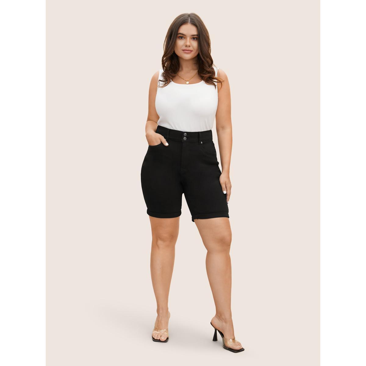 Plus Size Black Wash Roll Hem Slim Denim Shorts Women Black Roll Hem High stretch Everyday Slanted pocket Casual Denim Shorts BloomChic 16/1X Product Image