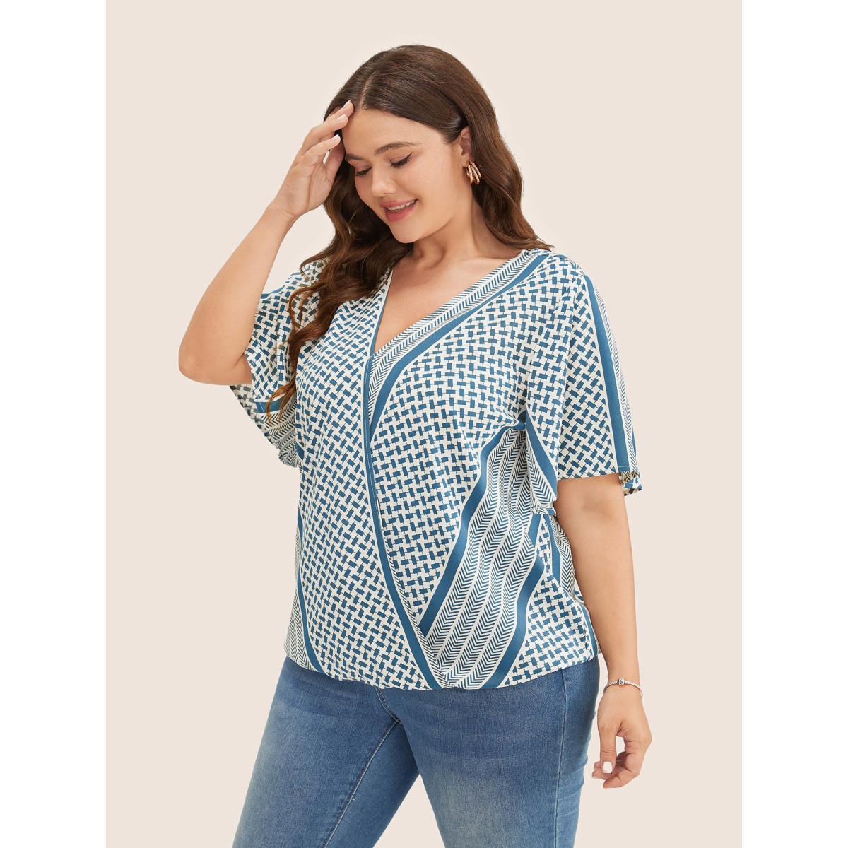 Plus Size Aegean Geometric Contrast Ruffle Sleeve Wrap Blouse Women Resort Short sleeve Overlap Collar Vacation Blouses BloomChic 28/5X Product Image