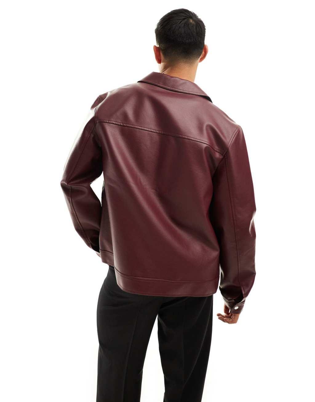 ASOS DESIGN faux leather harrington jacket in burgundy Product Image