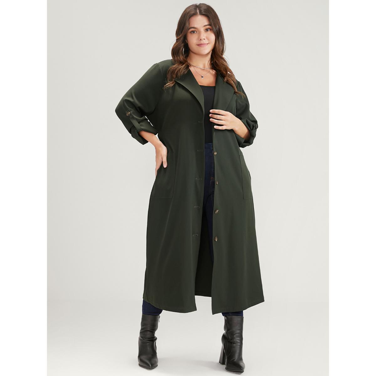 Plus Size Solid Cuffed Sleeve Belted Pocket Button Up Trench Coat Women ArmyGreen Casual Plain Ladies Dailywear Winter Coats BloomChic 12/L Product Image