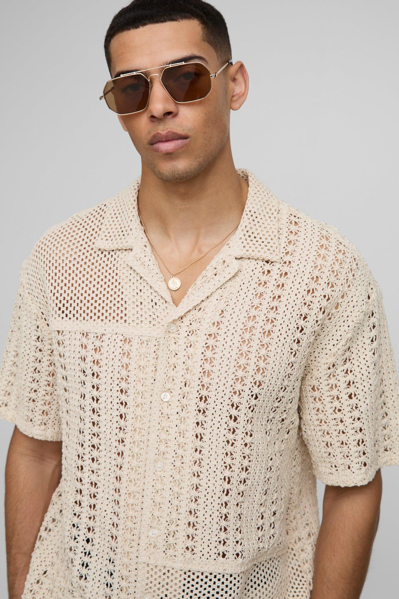 Oversized Revere Zig Zag Open Weave Panel Shirt | boohooMAN USA Product Image