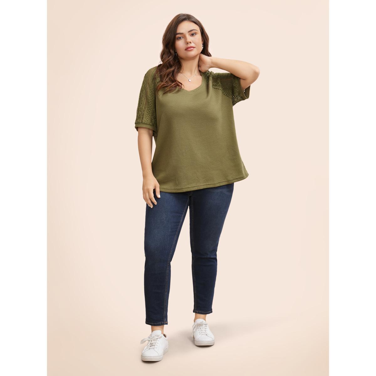 Plus Size V Neck Waffle Knit Crochet Lace T-shirt Olive Women Casual Texture V-neck Everyday T-shirts BloomChic 18-20/2X Product Image