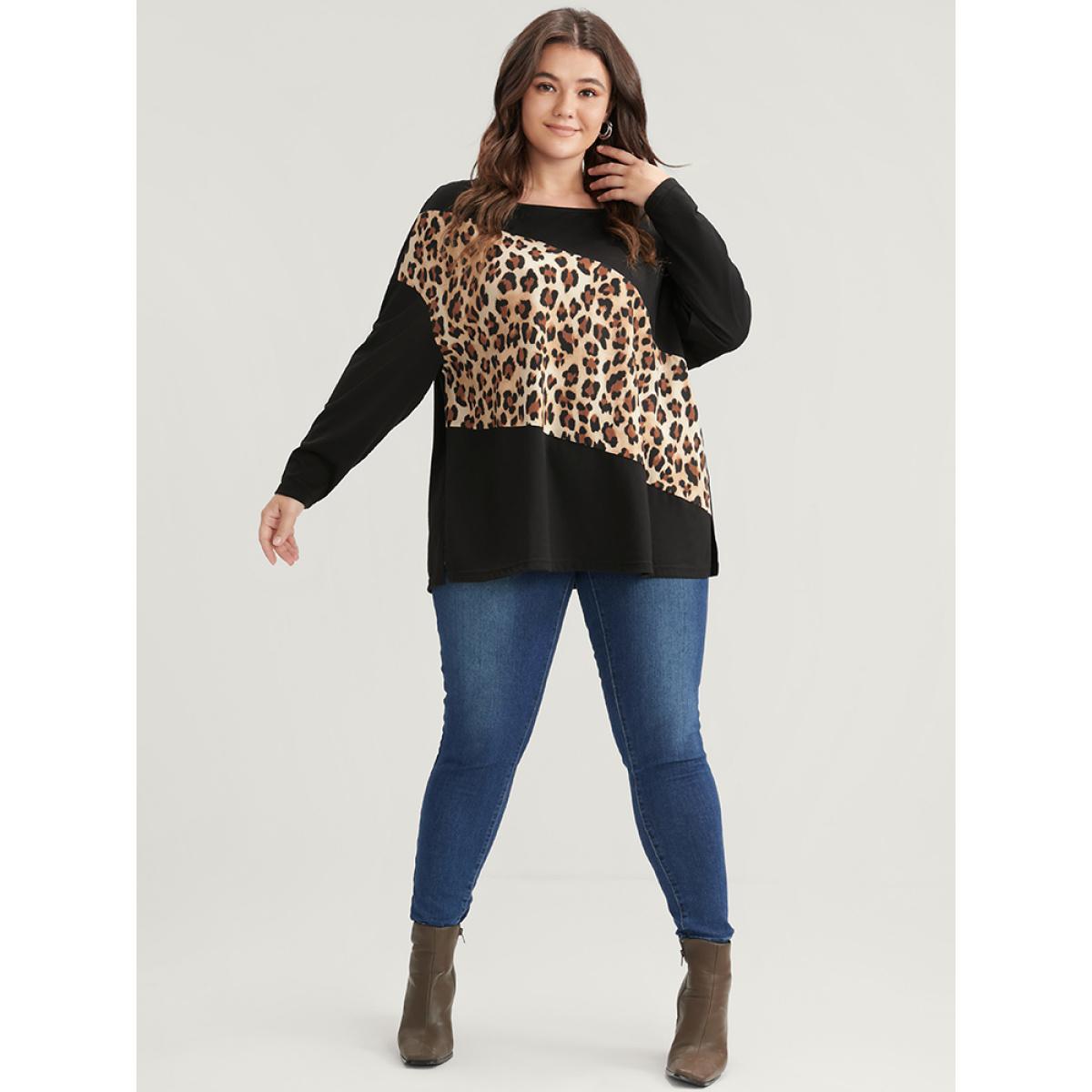 Plus Size Leopard Drop Shoulder Split Long Tee Black Women Casual Leopard Round Neck Dailywear T-shirts BloomChic 18-20/2X Product Image