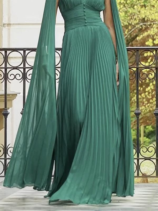Long Sleeves Pleated Solid Color V-Neck Maxi Dresses Product Image