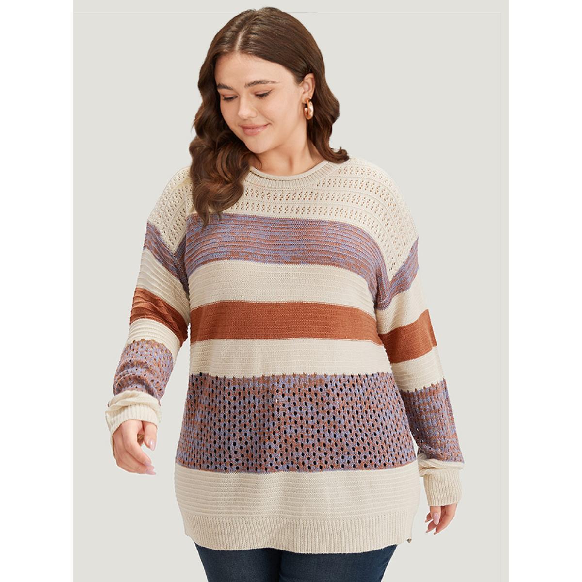 Plus Size Colorblock Contrast Drop Shoulder Cut Out Pullover Multicolor Women Casual Loose Long Sleeve Round Neck Dailywear Pullovers BloomChic 12/L Product Image