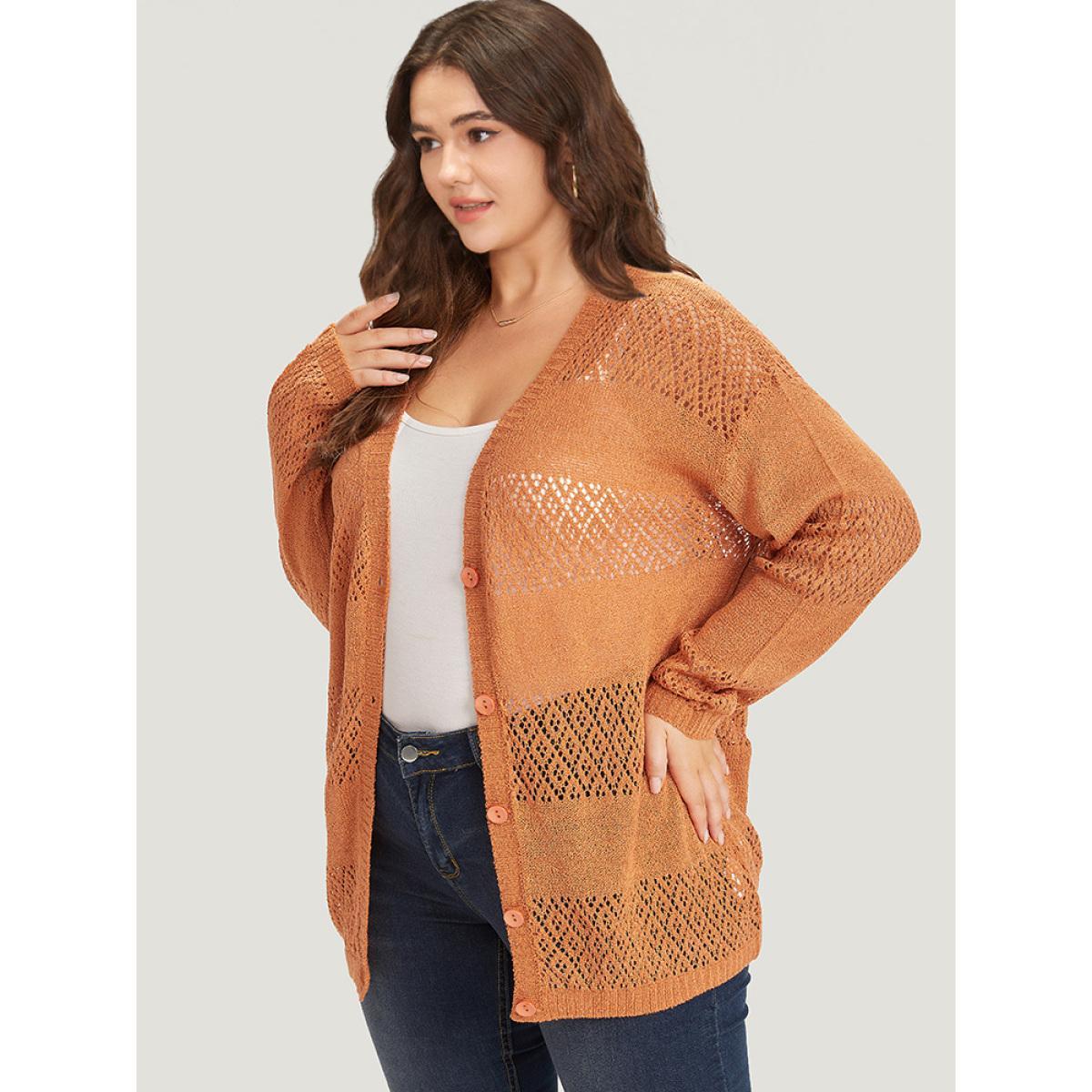 Plus Size Plain Geometric Eyelet Button Through Loose Cardigan Orange Women Casual Loose Long Sleeve Dailywear Cardigans BloomChic 18-20/2X Product Image