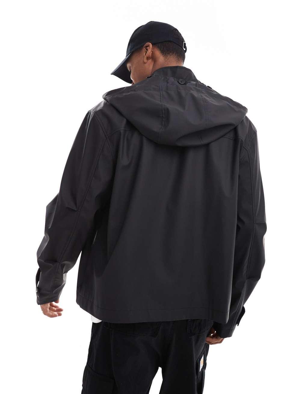 ASOS DESIGN boxy oversized rubberized jacket with hood in black Product Image
