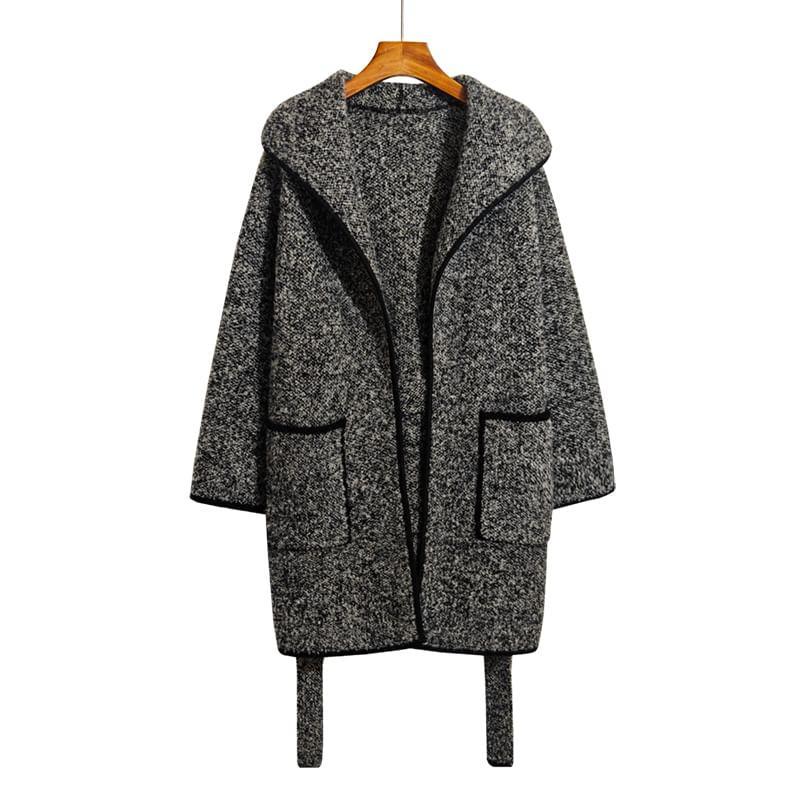 Hooded Contrast Trim Belted Open Front Coat Product Image
