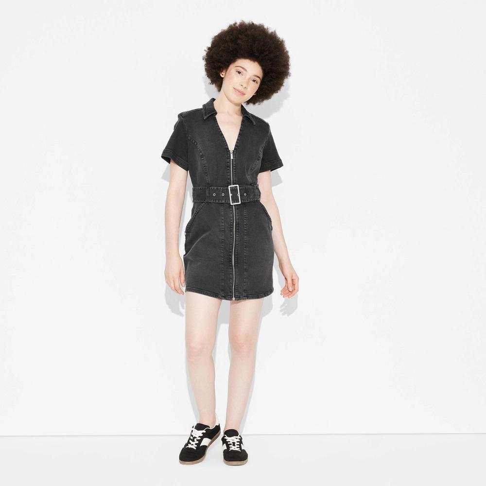 Womens Short Sleeve Belted Mini Dress - Wild Fable Black XS Product Image