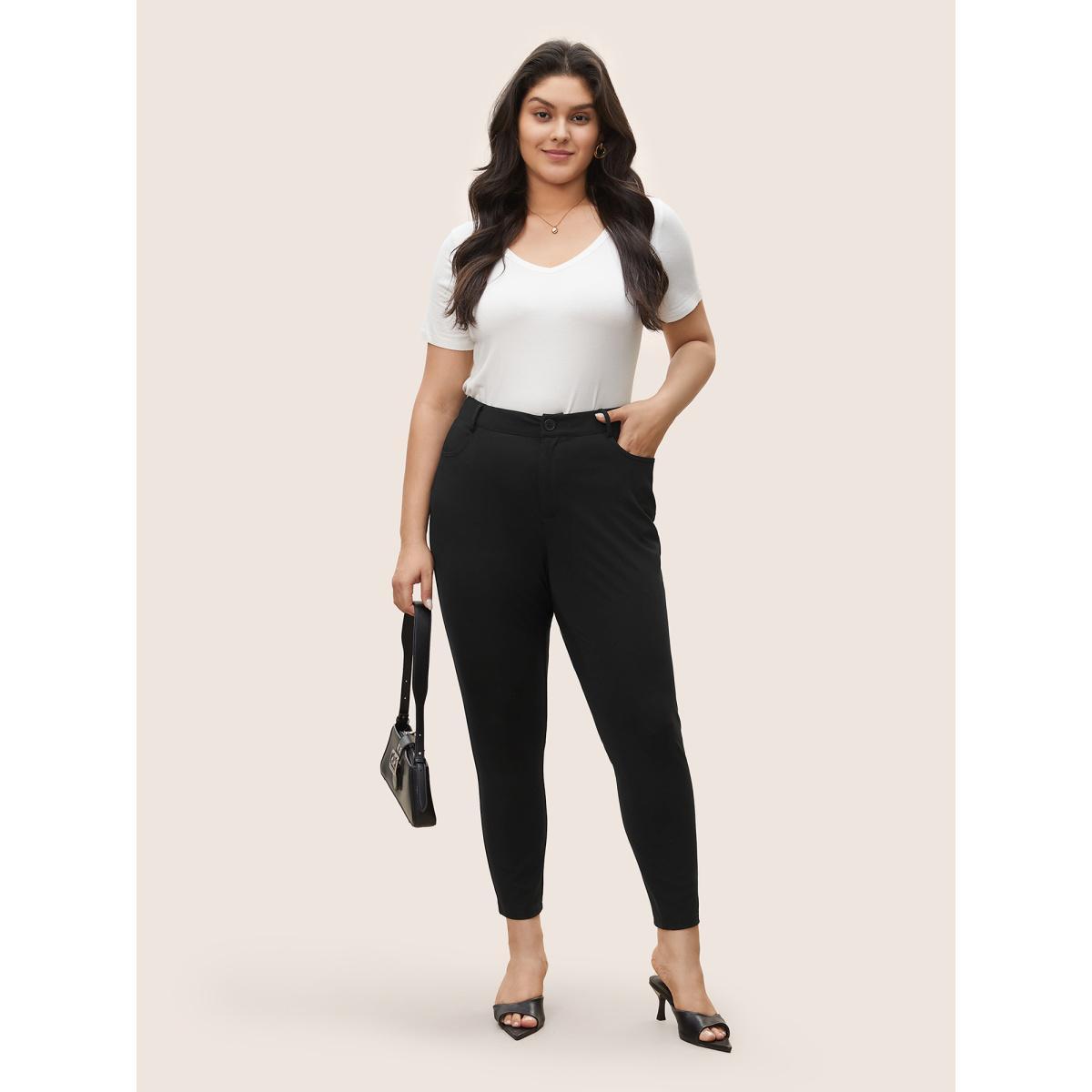 Plus Size High Rise Button Up Skinny Pants Women Black At the Office Skinny High Rise Work Pants BloomChic 14-16/1X Product Image