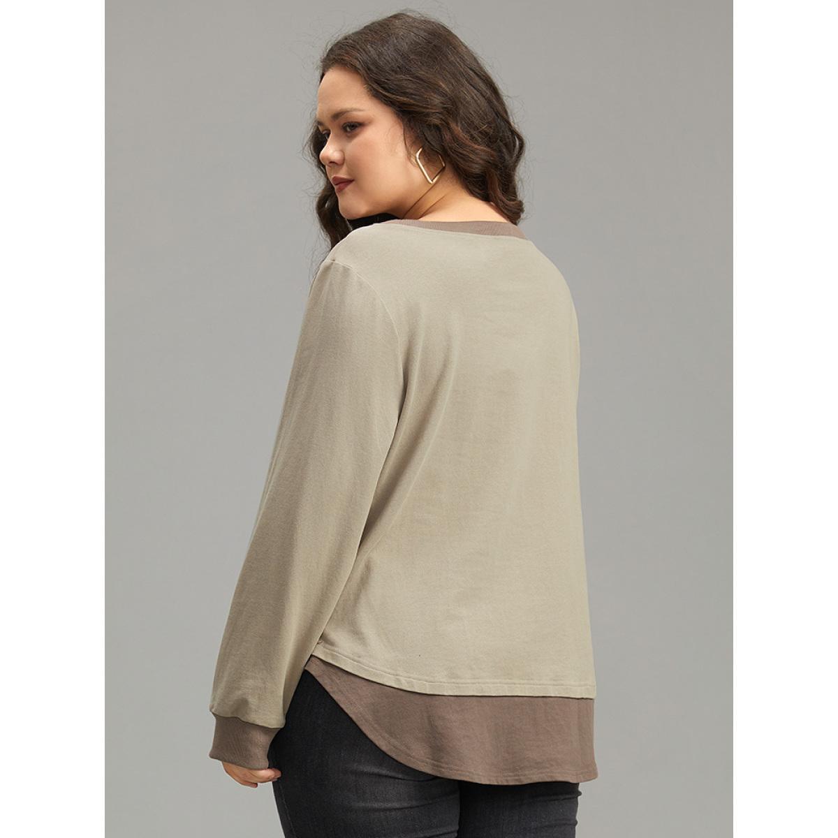 Plus Size Cotton Two Tone Layered Sweatshirt Women LightBrown Casual Arc Hem Round Neck Dailywear Sweatshirts BloomChic 26/4X Product Image