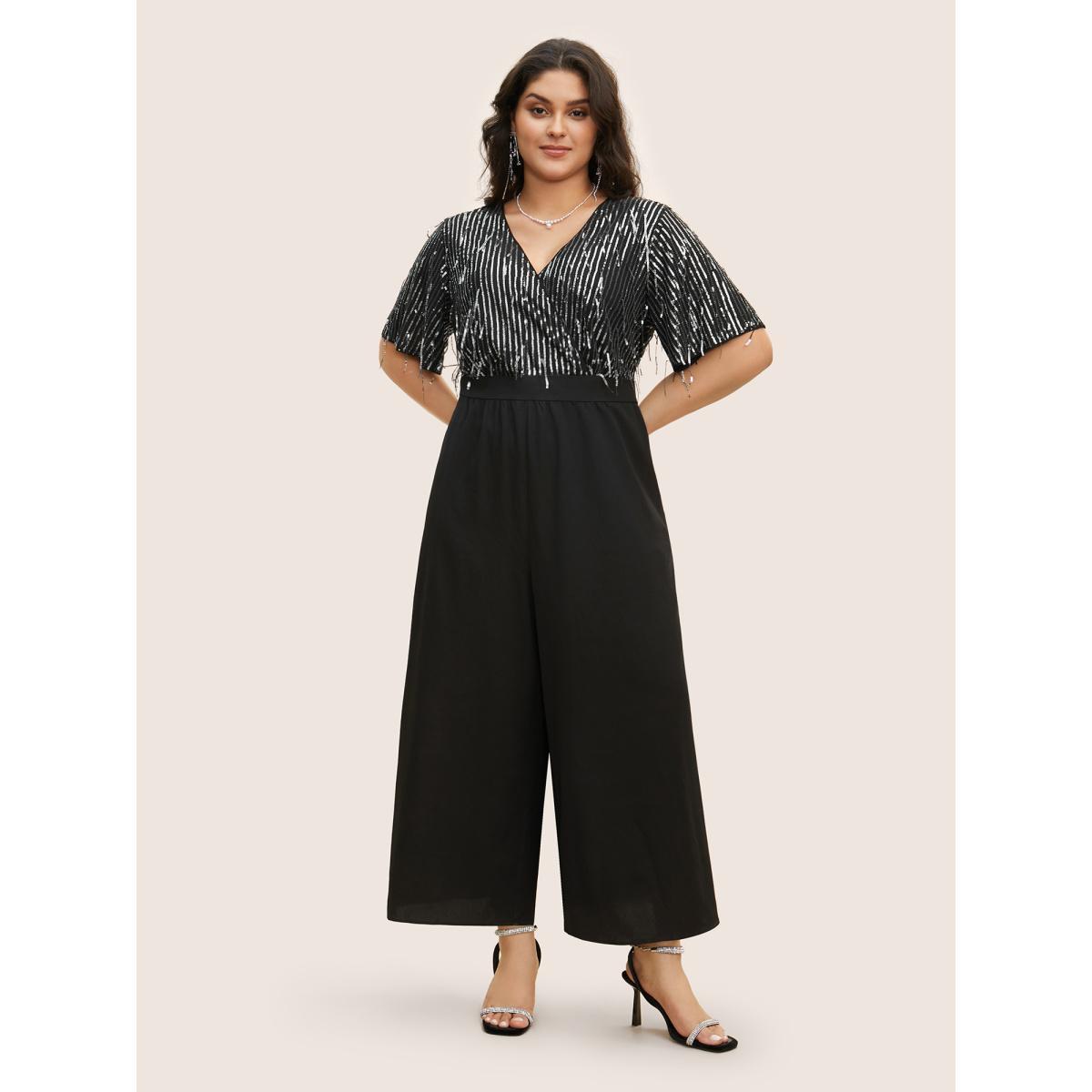 Plus Size Black V Neck Sequins Tassel Detail Wrap Jumpsuit Women Cocktail Short sleeve V-neck Party Loose Jumpsuits BloomChic 18-20/2X Product Image