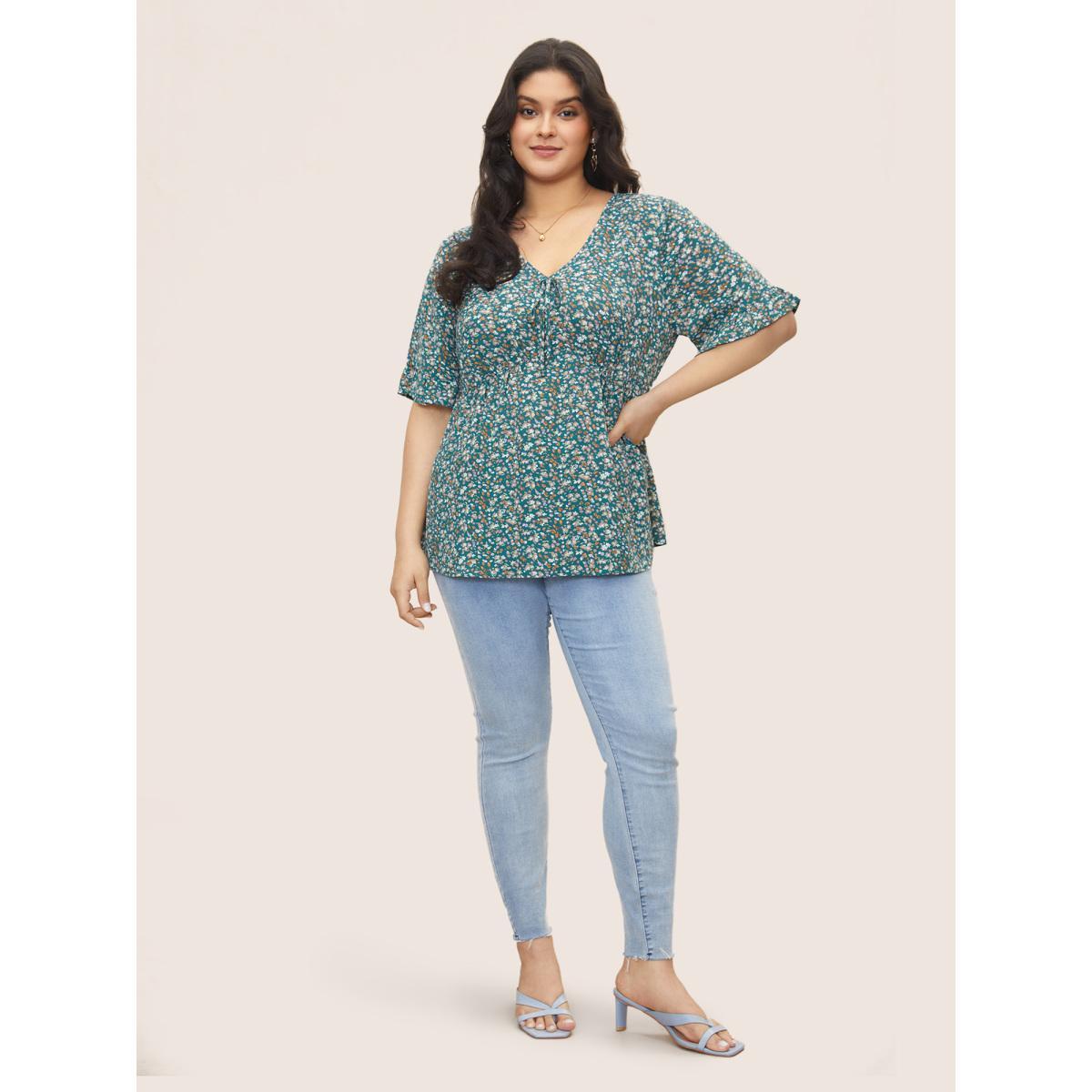 Plus Size Aegean Ditsy Floral Cross Straps Ruffle Sleeve Blouse Women Elegant Half Sleeve V-neck Everyday Blouses BloomChic 10/M Product Image