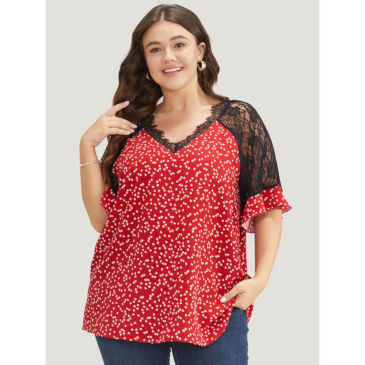 Plus Size Scarlet Heart Print Contrast Lace Ruffle Sleeve Blouse Women Elegant Half Sleeve V-neck Dailywear Blouses BloomChic 18-20/2X Product Image