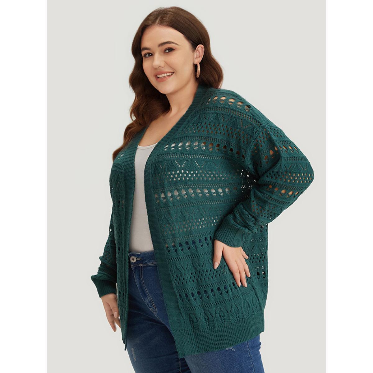 Plus Size Geometric Eyelet Open Front Loose Cardigan Cyan Women Casual Loose Long Sleeve Work Cardigans BloomChic 10/M Product Image