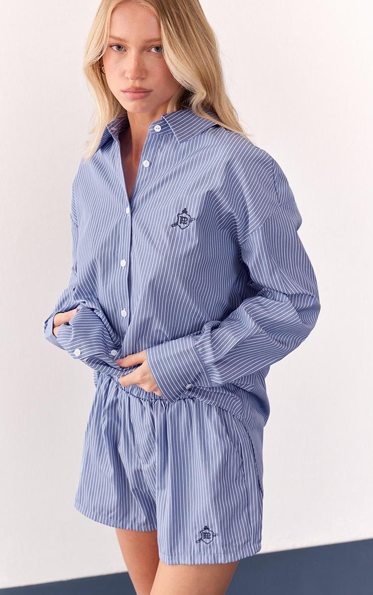Blue Embroidered Striped Linen Floaty Shorts Product Image