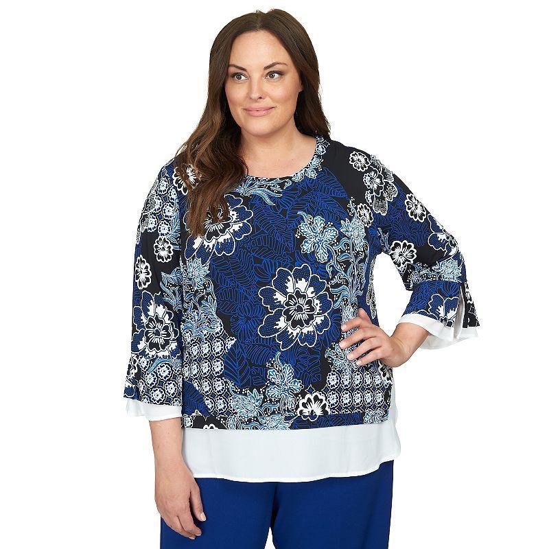 Alfred Dunner Plus Size Downtown Vibe Floral Flutter Sleeve Top with Woven Trim Product Image
