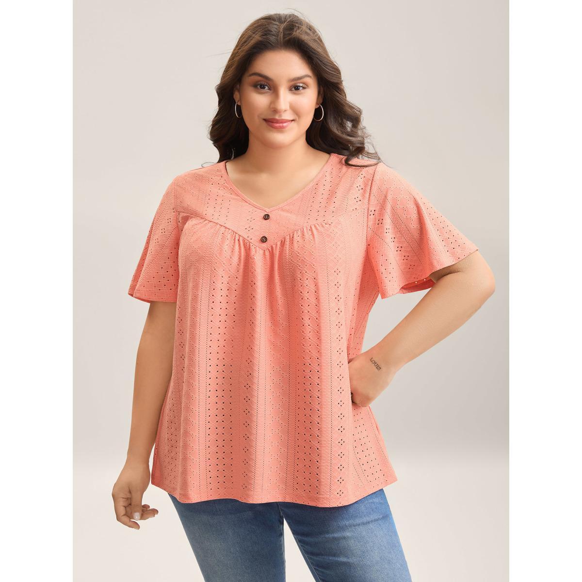 Plus Size Textured Button Detail Pleated T-Shirt Coral Women Casual Texture V-neck Everyday-Casual T-shirts BloomChic 12/L Product Image