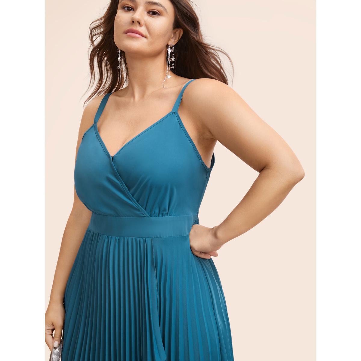 Plus Size Solid Shirred Wrap Hem Cami Dress Aegean Women Cocktail Overlapping Overlap Collar Sleeveless Curvy BloomChic 10/M Product Image
