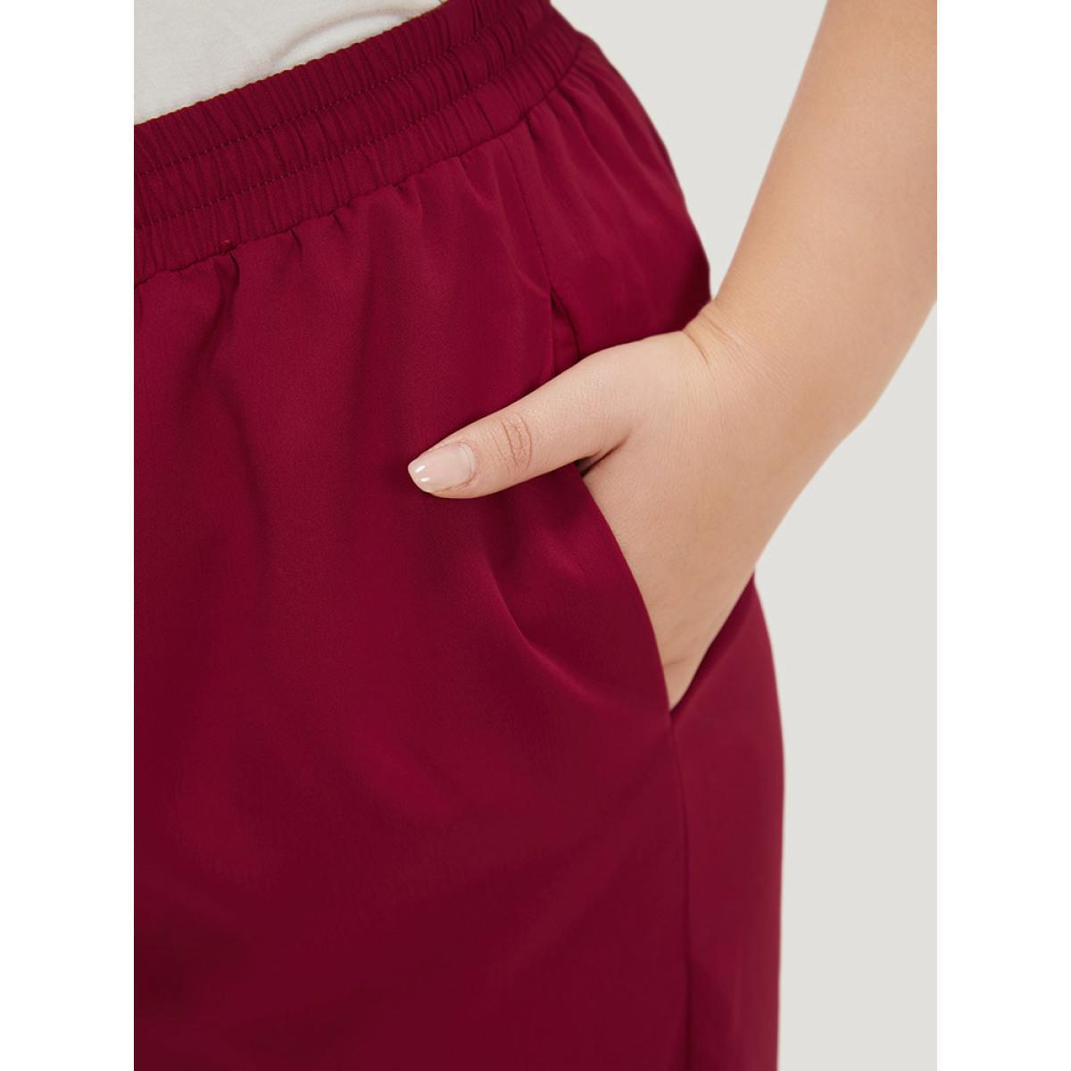 Plus Size Solid Pocket Drawstring Wide Leg Pants Women Burgundy Office Wide Leg High Rise Work Pants BloomChic 14-16/1X Product Image