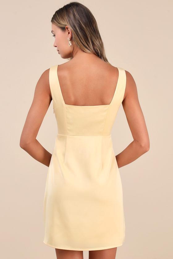 Truly the Cutest Light Yellow Satin Square Neck Mini Dress Product Image