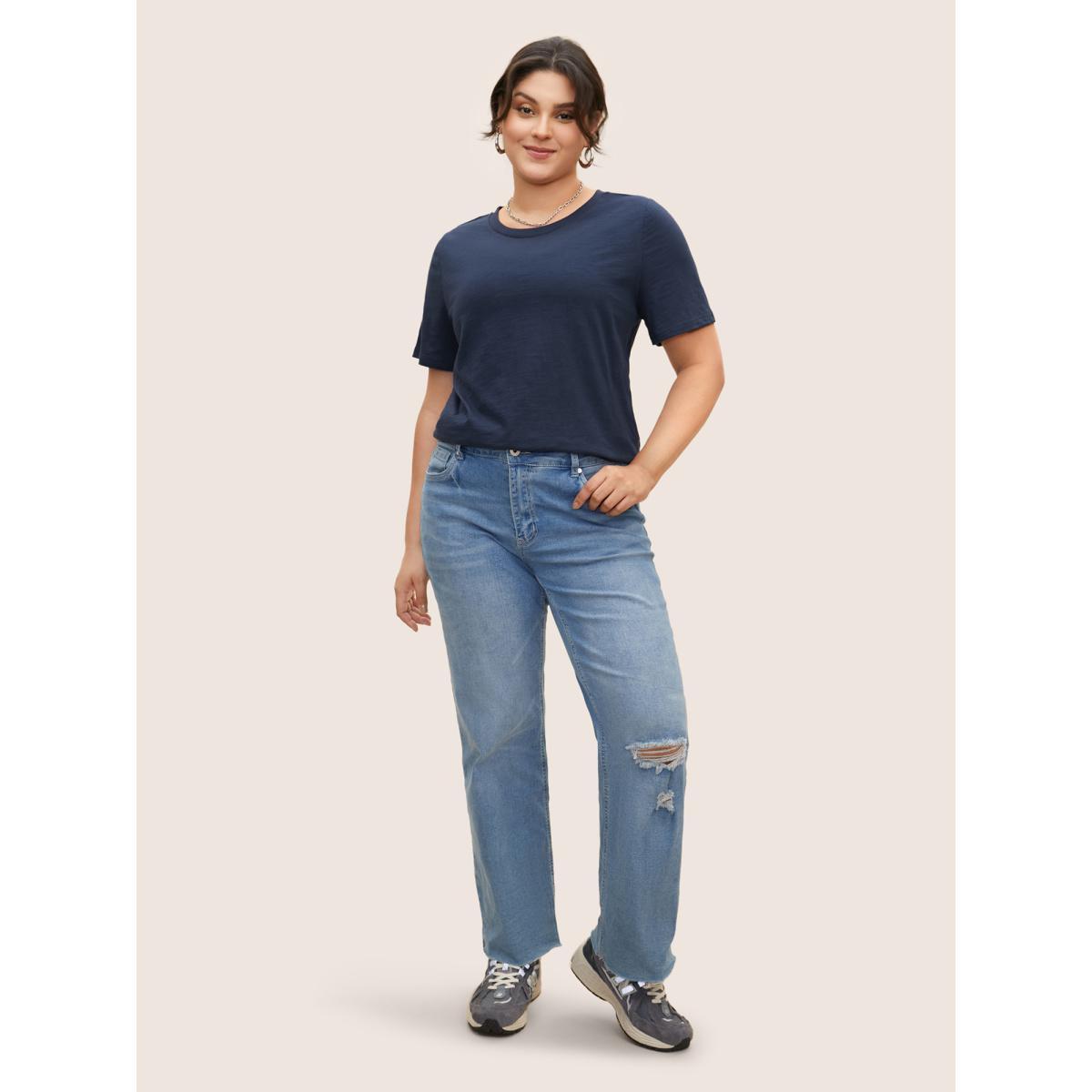 Plus Size Cotton Solid Crew Neck Pit Strip T-shirt Indigo Women Basics Non Round Neck Everyday T-shirts BloomChic 10/M Product Image