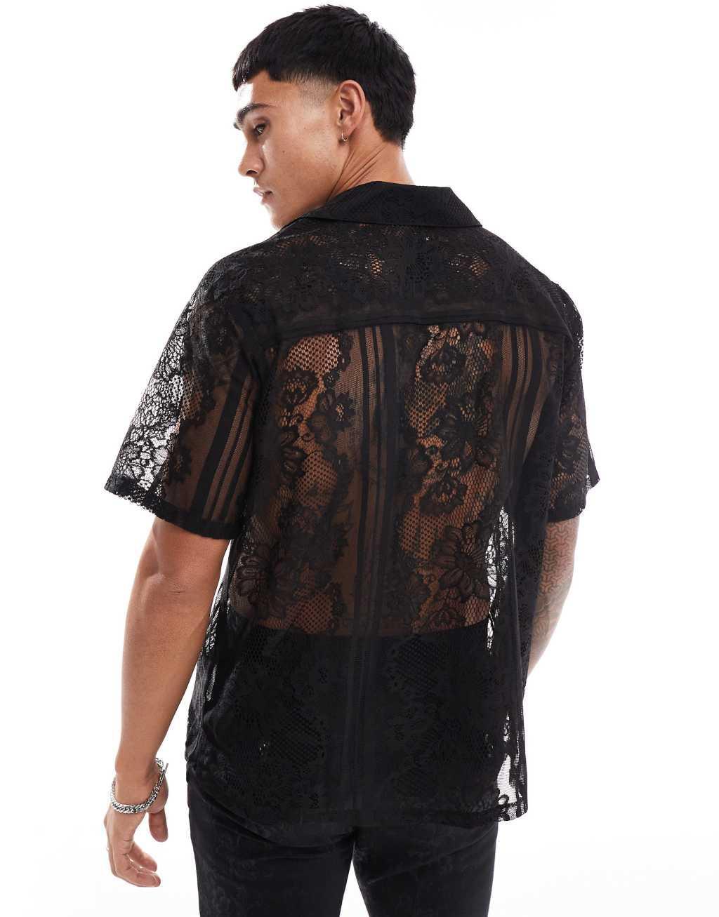 Twisted Tailor camp collar short sleeve lace shirt in black Product Image