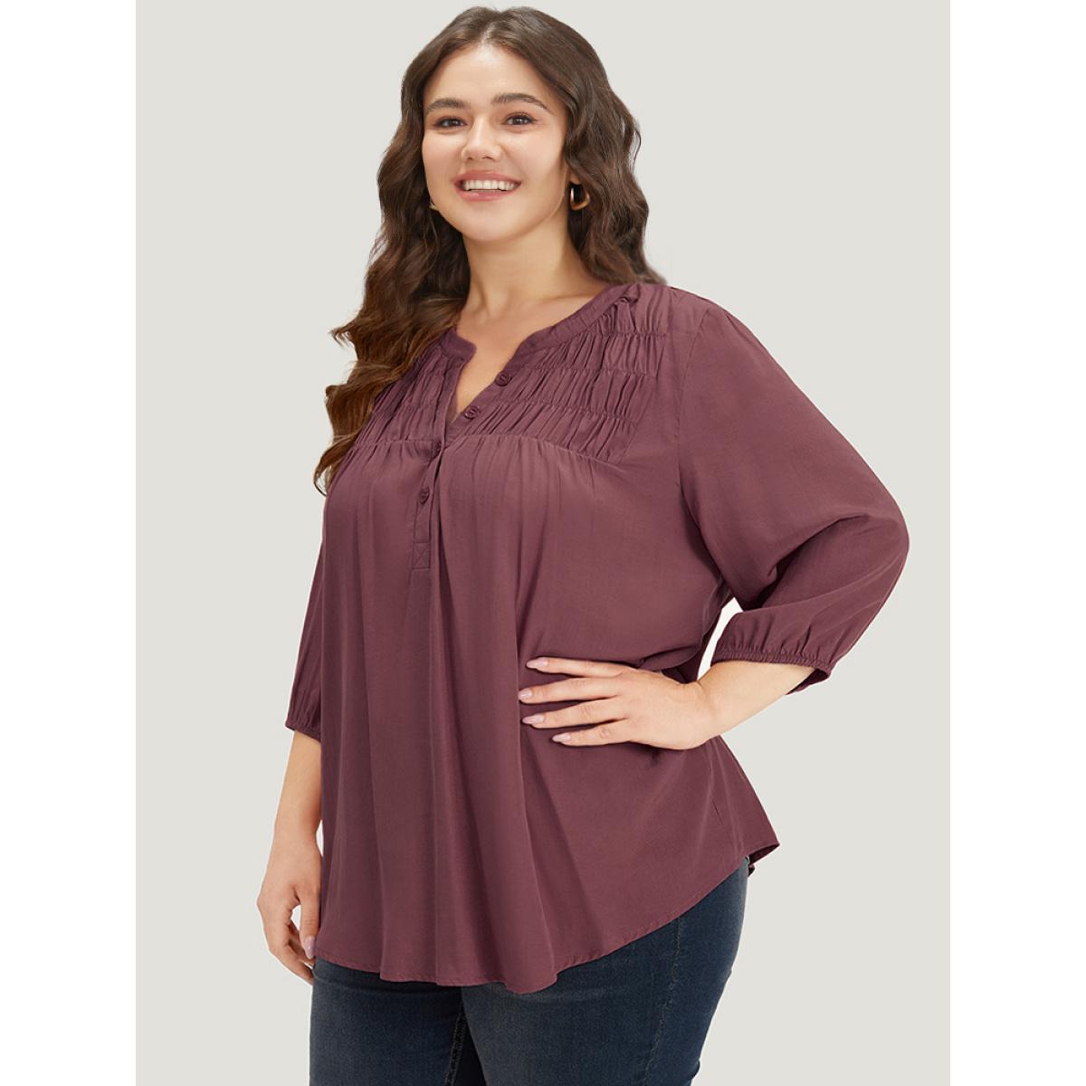 Plus Size Scarlet Plain Notched Button Through Elastic Cuffs Shirred Blouse Women Office Elbow-length sleeve V-neck Work Blouses BloomChic 14-16/1X Product Image