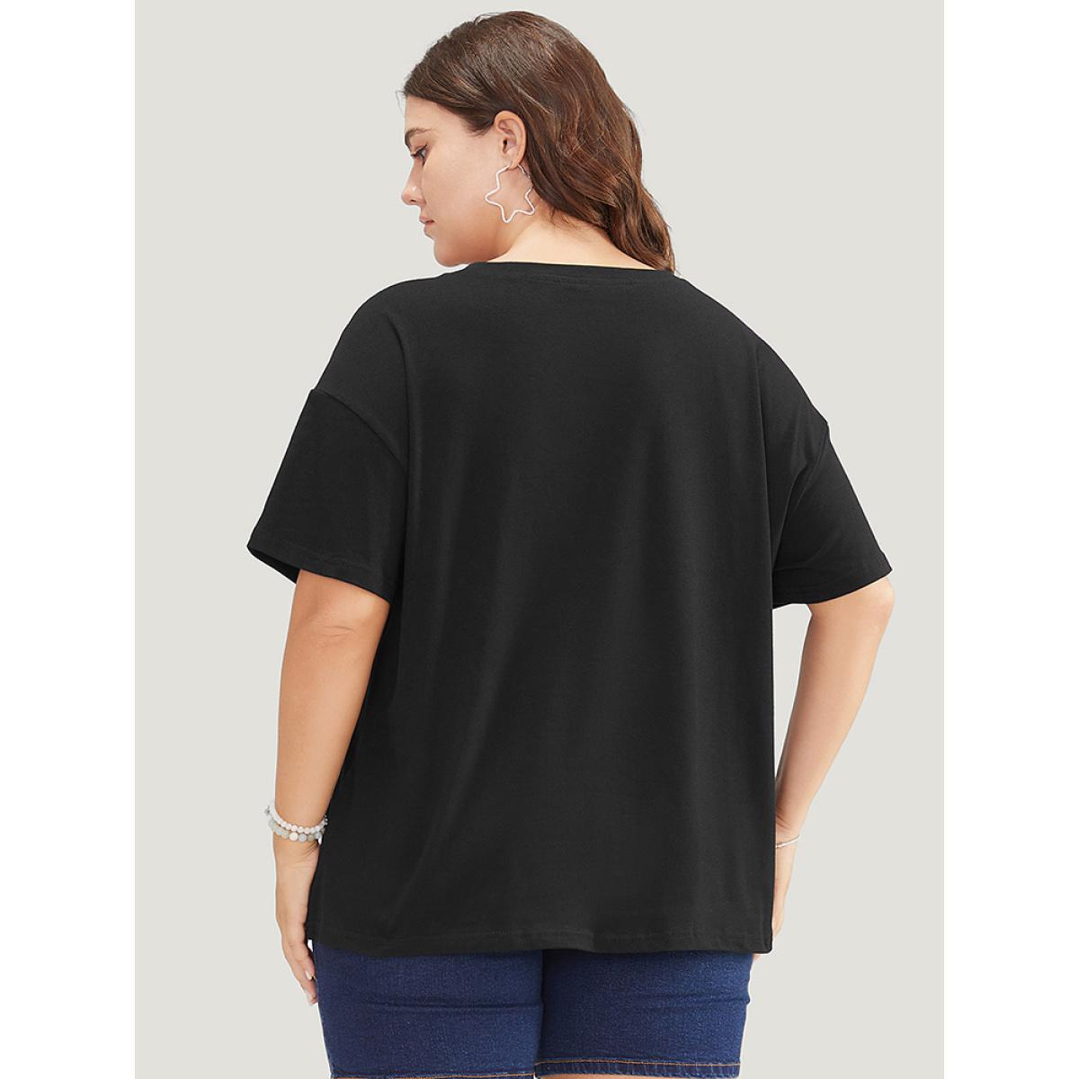 Plus Size Floral & Slogan Print Slightly Stretchy Casual T-shirt Black Women Casual Plain Natural Flowers Dailywear T-shirts BloomChic 10/M Product Image