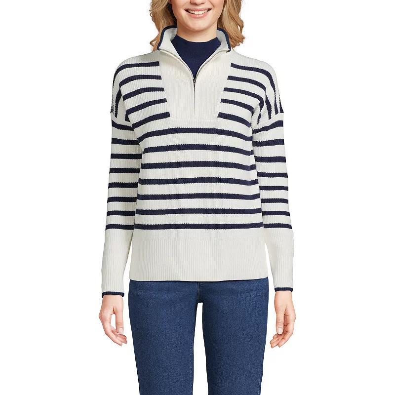 Petite Lands' End Drifter Quarter-Zip Pullover Sweater, Women's, Size: Large Petite, Ivory Navy Stripe Product Image
