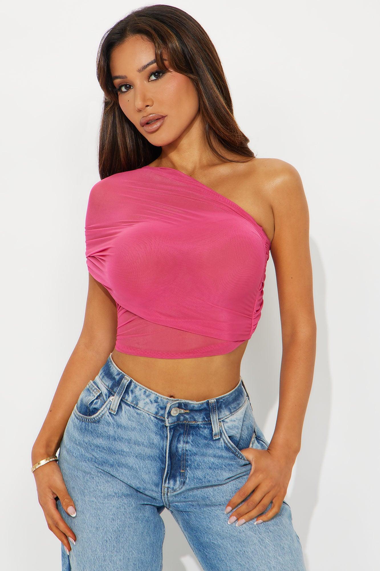 Year Round Mesh One Shoulder Top - Fuchsia Product Image