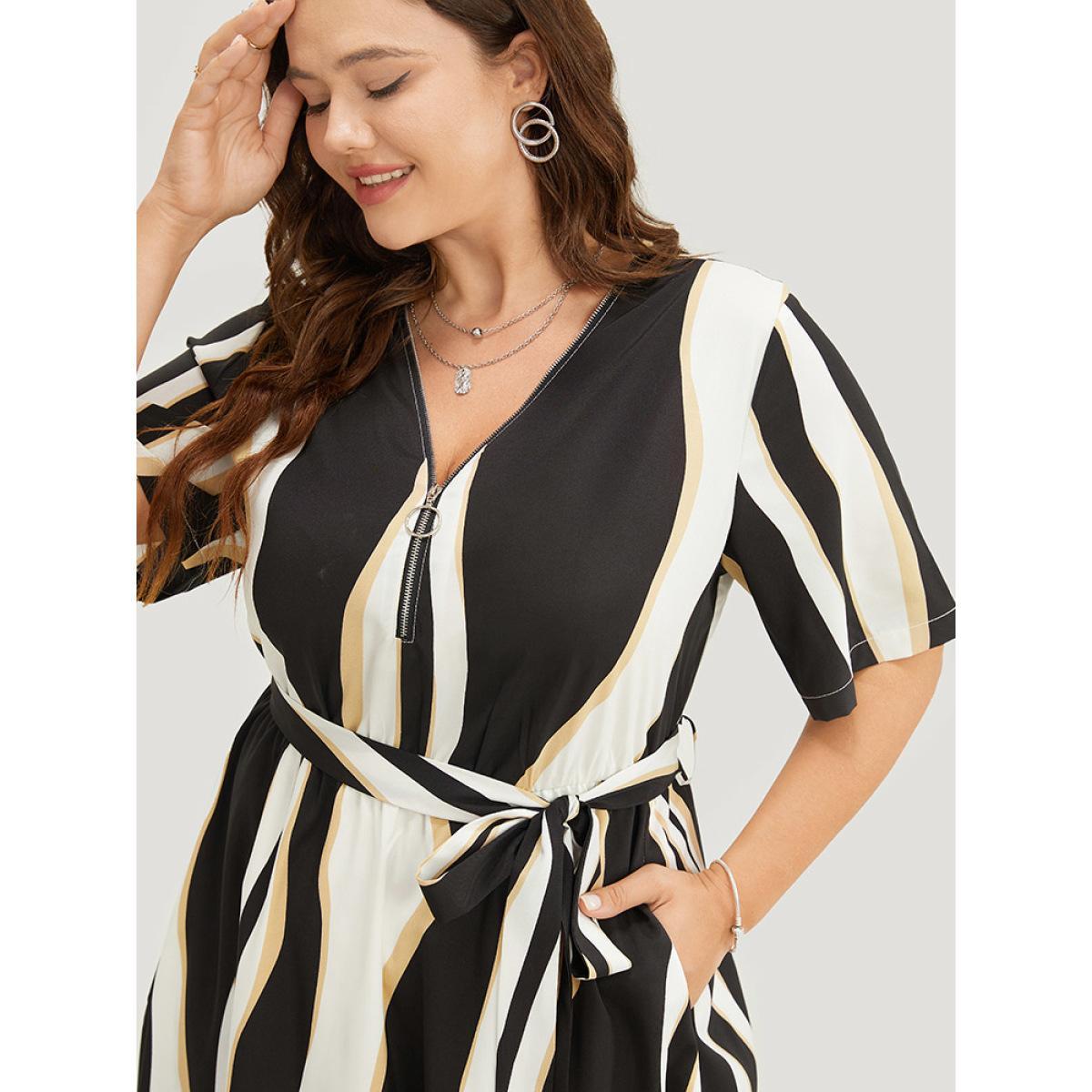 Plus Size Geometric Contrast Pocket Ruffle Belt Half Zipper Arc Hem Dress Black Women Office Lined V-neck Short sleeve Curvy Midi Dress BloomChic 22-24/3X Product Image