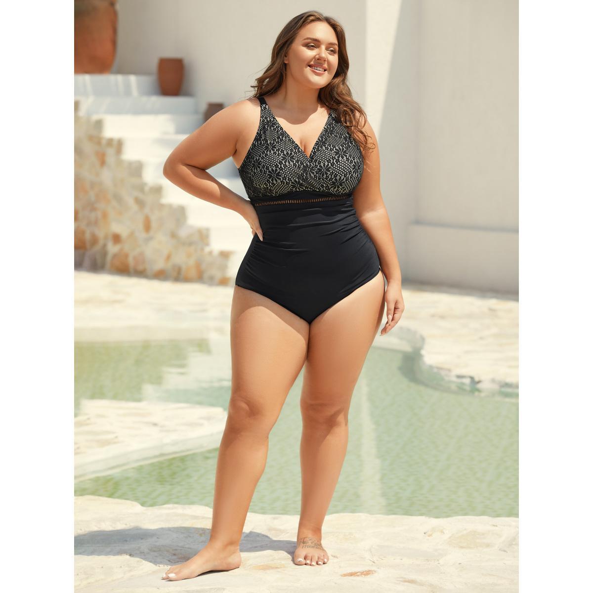Plus Size Ribbon Lace Trim One-Piece Swimsuit Women's Swimwear Black Beach Gathered Curve Bathing Suits High stretch One Pieces BloomChic 26/4X Product Image