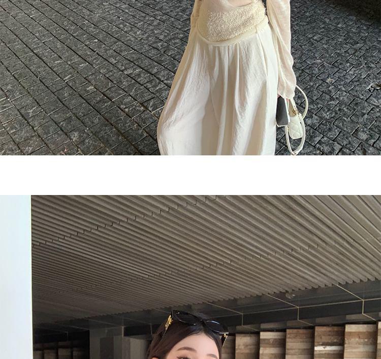 Long-Sleeve Off-Shoulder Plain Sheer Panel Slim Fit Knit Top / High Rise Wide Leg Pants Product Image
