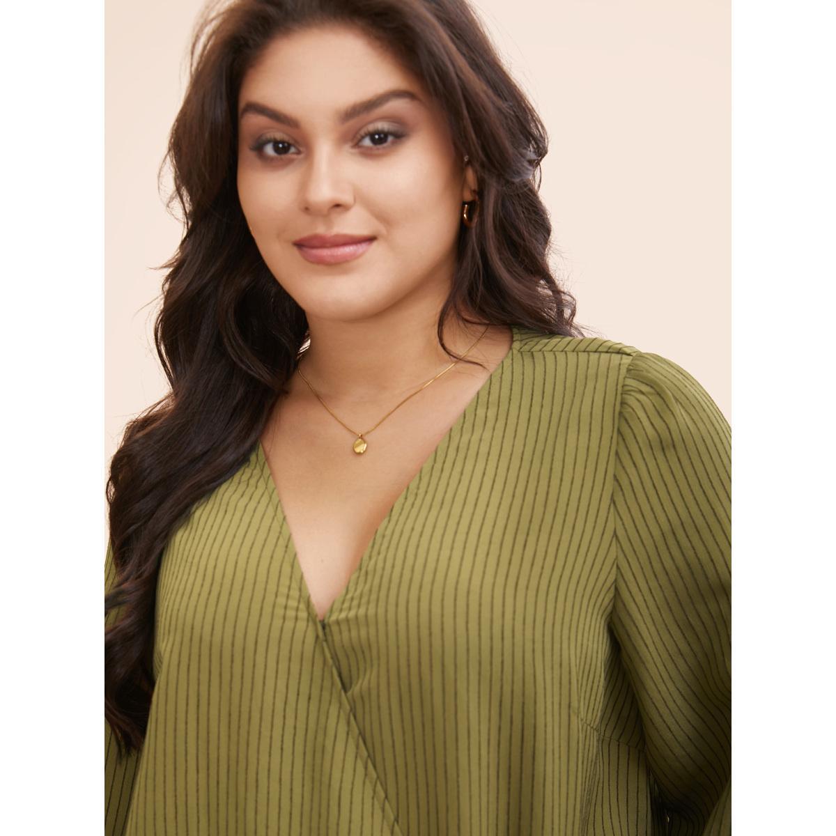 Plus Size ArmyGreen Striped Textured Overlap Collar Shirred Blouse Women Elegant Long Sleeve Overlap Collar Everyday Blouses BloomChic 10/M Product Image